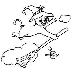 Malvorlage Halloween Katze fliegt auf einem Hexenbesen