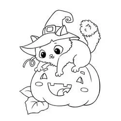 Malvorlage Halloween Katze sitzt auf einem Kürbis