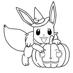 Malvorlage Evoli mit Hexenhut neben einem Halloween-Kürbis
