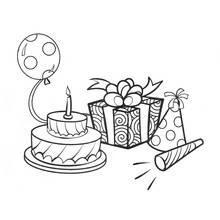Malvorlage Geburtstagskuchen, Geschenk, Luftballon und Partyhut