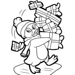Malvorlage Pinguin mit Weihnachtsgeschenken beladen