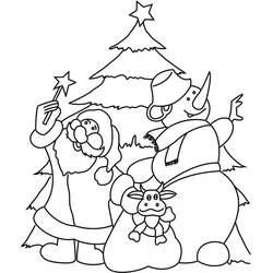 Malvorlage Weihnachtsmann und Schneemann mit Weihnachtsbaum