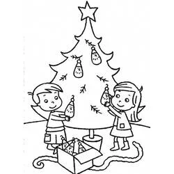 Malvorlage Zwei lächelnde Kinder beidseits des Weihnachtsbaums