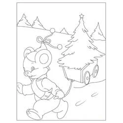 Malvorlage Weihnachtsbär zieht einen Schlitten durch verschneiten Wald