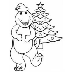 Malvorlage Barney zu Weihnachten mit geschmücktem Baum