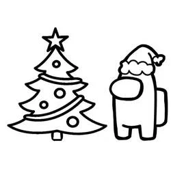 Malvorlage Among Us-Charakter und Weihnachtsbaum