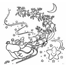 Malvorlage Weihnachtsmann fliegt mit dem Schlitten zwischen den Sternen
