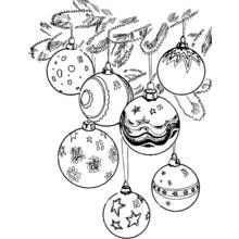Malvorlage Weihnachtskugeln hängen an einem Tannenzweig