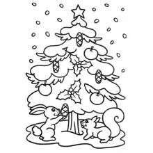 Malvorlage Weihnachtsbaum mit Hasen und einem Eichhörnchen