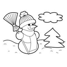 Malvorlage Schneemann mit Wolke und Tannenbaum
