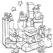 Malvorlage Stapel Weihnachtsgeschenke mit Teddybär