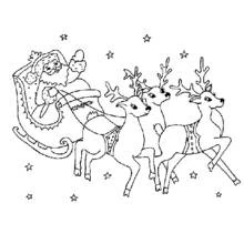 Malvorlage Weihnachtsmann mit drei galoppierenden Rentieren