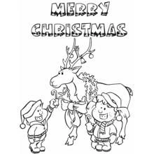 Malvorlage Rentier mit Kranz und zwei Weihnachtself en