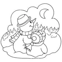 Malvorlage Schneemann hält nachts einen Schneeball