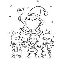 Malvorlage Weihnachtsmann mit Glocke und drei Kindern