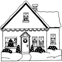 Malvorlage Weihnachtshaus geschmückt mit Schnee und Kindern an den Fenstern