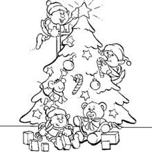 Malvorlage Elfen schmücken den Weihnachtsbaum