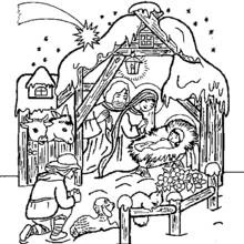 Malvorlage Weihnachtskrippe im verschneiten Stall