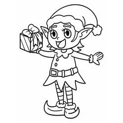 Malvorlage Weihnachtself hält ein Geschenk