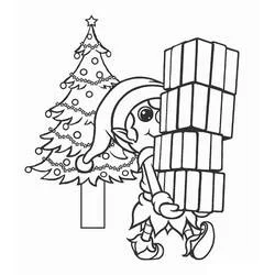 Malvorlage Weihnachtself trägt ein großes verpacktes Geschenk