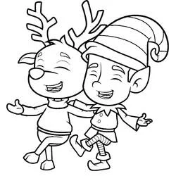 Malvorlage Weihnachtself lacht mit seinem Rentierfreund