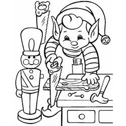 Malvorlage Weihnachtself sägt Holz an seiner Werkbank