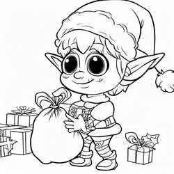 Malvorlage Weihnachtself trägt einen Sack Geschenke