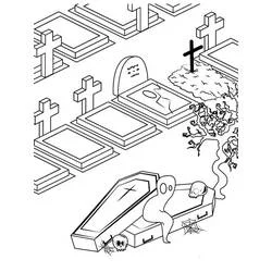 Malvorlage Friedhof mit Geist aus einem Sarg