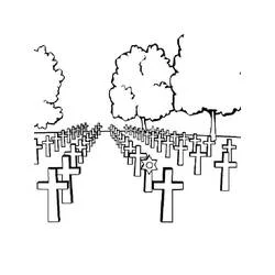 Malvorlage Reihen von Kreuzen auf einem Friedhof