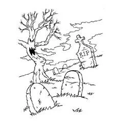 Malvorlage Gruseliger Baum und Grabsteine auf einem Friedhof