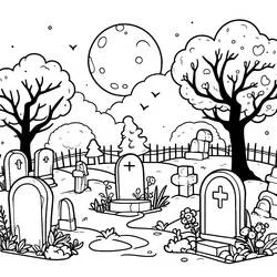 Malvorlage Friedhof mit Kreuzen, Bäumen und Vögeln