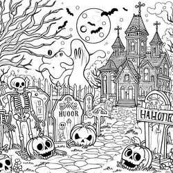 Malvorlage Friedhof mit Geist und Geisterhaus zu Halloween