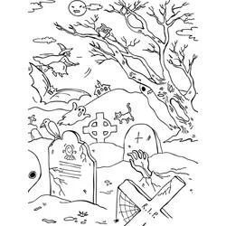 Malvorlage Gruseliger Friedhof mit Hexe, Gespenst und Zombiehand