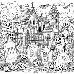 Malvorlage Friedhof in einer gruseligen Halloween-Nacht