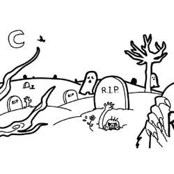 Malvorlage Gruseliger Friedhof mit Zombie, der aus dem Grab steigt