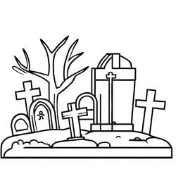 Malvorlage Friedhof mit Kreuzen und kahlem Baum