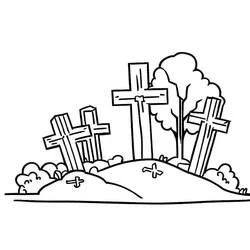 Malvorlage Friedhof mit Holzkreuzen auf einem Hügel