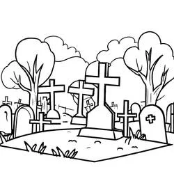 Malvorlage Friedhof mit Kreuzen und kahlen Bäumen
