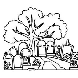 Malvorlage Friedhof unter einem großen Baum