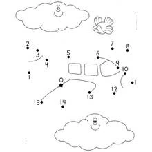 Malvorlage Flugzeug zum Verbinden der Punkte mit lächelnden Wolken