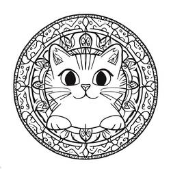 Malvorlage Katzen-Mandala mit rundem verziertem Rahmen
