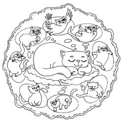 Malvorlage Mandala mit schlafender Katze und Kätzchen