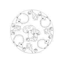 Malvorlage Mandala mit Igeln, Pilzen und Eicheln