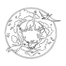 Malvorlage Mandala für Kinder mit Dinosauriern und Wolken