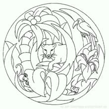 Malvorlage Mandala mit Panther und Dschungeltieren