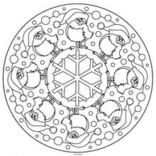 Malvorlage Mandala mit Weihnachtsvögeln um eine Schneeflocke