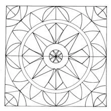 Malvorlage Geometrisches Mandala mit Stern und Kreisen im quadratischen Rahmen