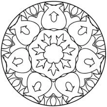 Malvorlage Mandala mit herzförmigen Blütenblättern und Blattmuster in der Mitte