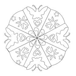 Malvorlage Schmetterlings-Mandala mit Blumen und Herzen