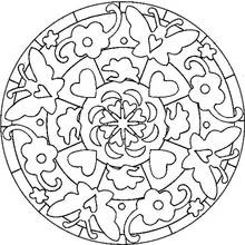 Malvorlage Schmetterlings-Mandala mit Blumen und Herzen